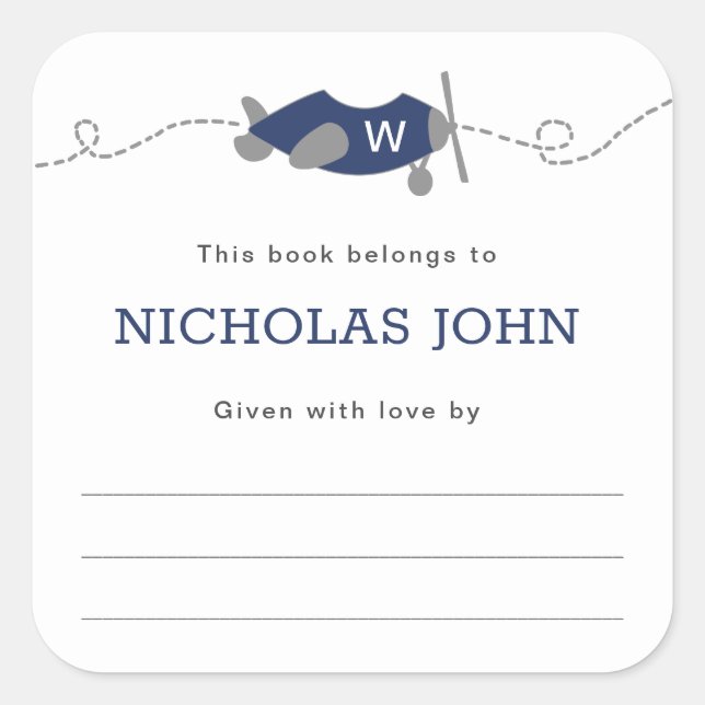 Monogram Airplane Boy Baby Shower Bookplate Square Sticker (Front)