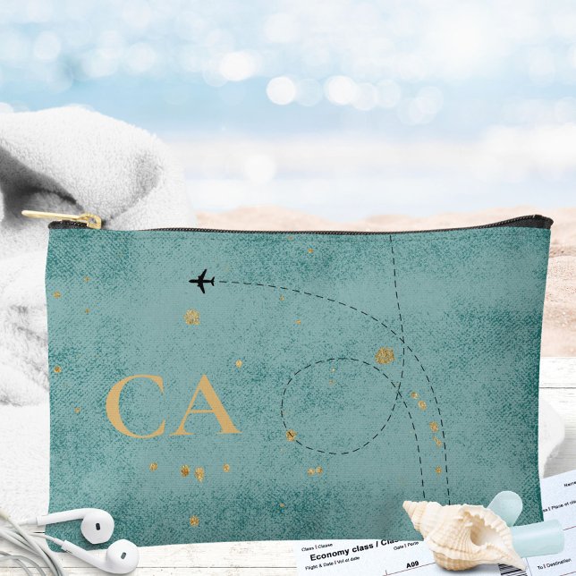 Monogram Airplane Dark Turquoise Gold Travel Accessory Pouch (Monogram Airplane Dark Turquoise Gold Travel Accessory Pouch ©Sachers - Sunny Wanderlust 🌞✈️)