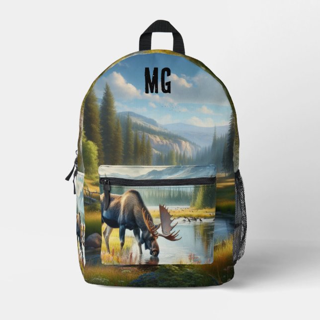 Monogram Alaska Watercolor Moose  Printed Backpack (Front)