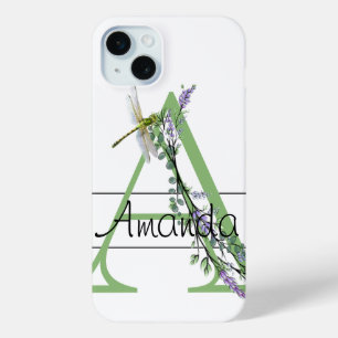 Monogram alphabet A Lavender Eucalyptus Dragonfly iPhone 15 Mini Case