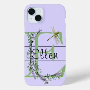 Monogram alphabet E Lavender Eucalyptus Dragonfly iPhone 15 Mini Case