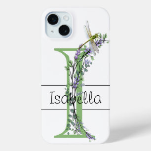 Monogram alphabet I Lavender Eucalyptus Dragonfly iPhone 15 Mini Case