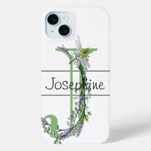 Monogram alphabet J Lavender Eucalyptus Dragonfly iPhone 15 Mini Case