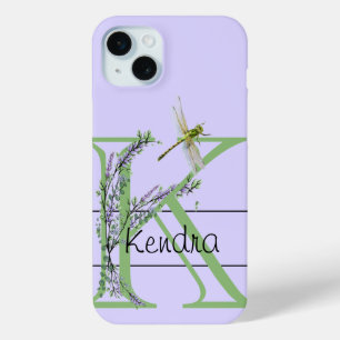 Monogram alphabet K Lavender Eucalyptus Dragonfly iPhone 15 Mini Case