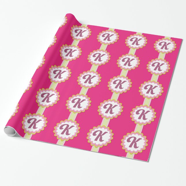 Monogram Alphabet Letter K Pink Custom Wrapping Paper (Unrolled)