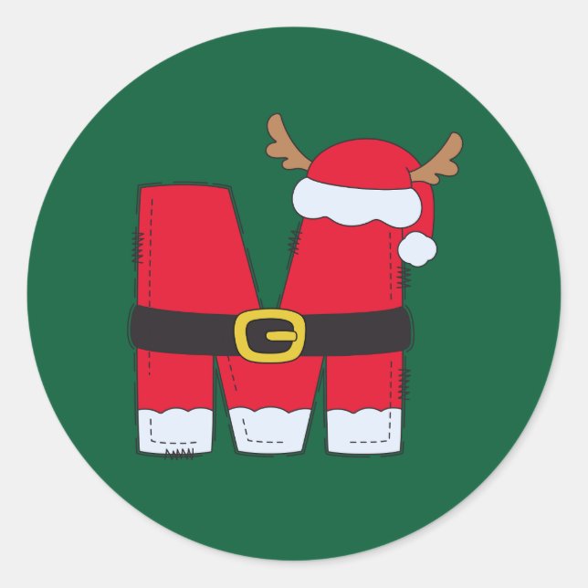 Monogram Alphabet letter M Santa Hat Christmas Classic Round Sticker (Front)