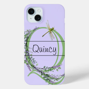 Monogram alphabet Q Lavender Eucalyptus Dragonfly iPhone 15 Mini Case