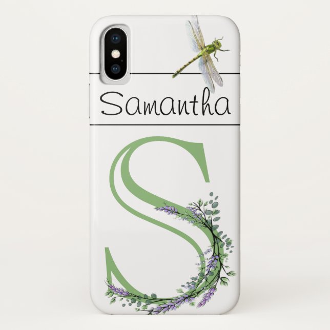 Monogram alphabet S Lavender Eucalyptus Dragonfly Case-Mate iPhone Case (Back)