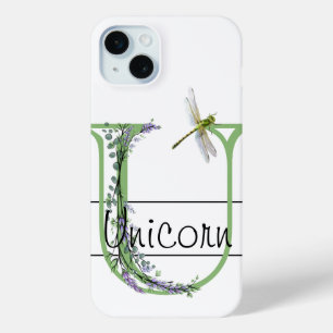 Monogram alphabet U Lavender Eucalyptus Dragonfly iPhone 15 Mini Case