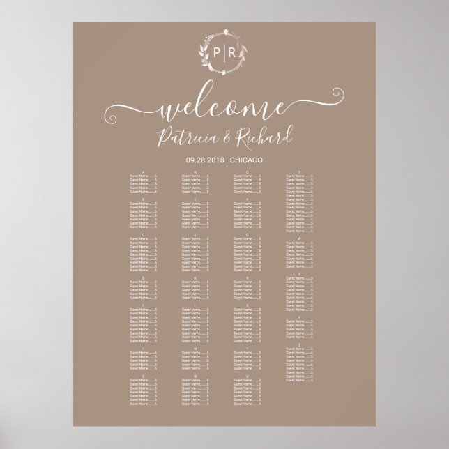 Monogram Alphabetical Seating Chart Sign Board (Front)