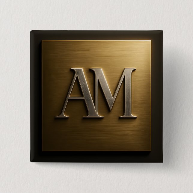 Monogram AM Brushed Gold Metal Design 2 Inch Square Button (Front)