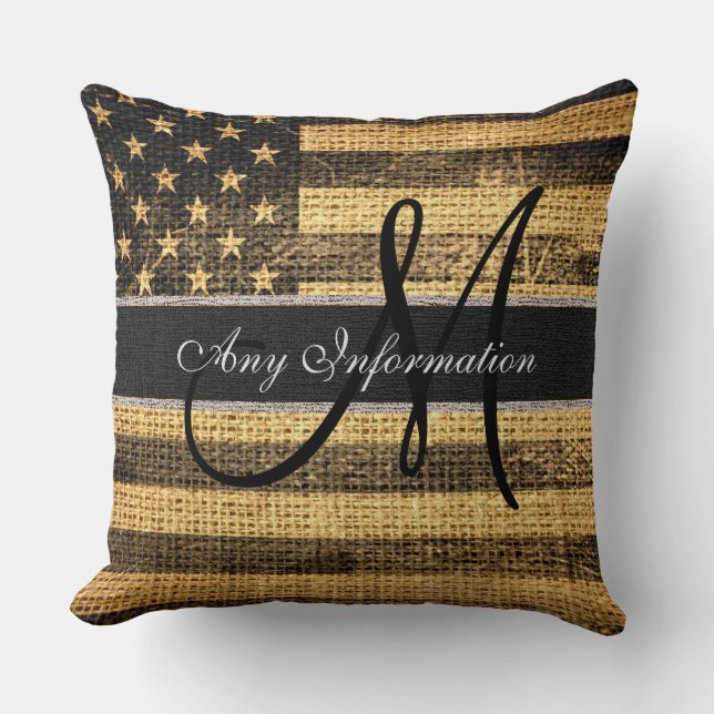 Monogram American Flag Burlap Linen Rustic Jute #2 Throw Pillow (Front)