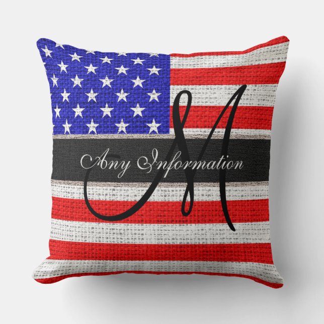Monogram American Flag Burlap Linen Rustic Jute Throw Pillow (Front)