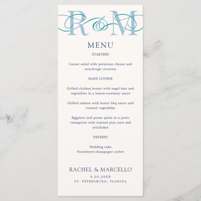 Monogram Ampersand Dusty Navy Blue Mariage Menu (Devant)