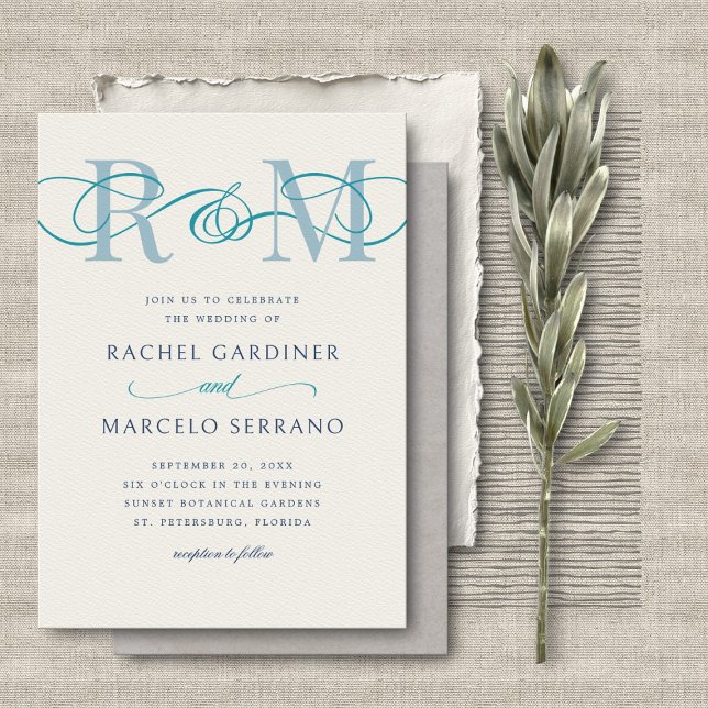 Monogram Ampersand Dusty Navy Teal QR Code Wedding Invitation (Creator Uploaded)