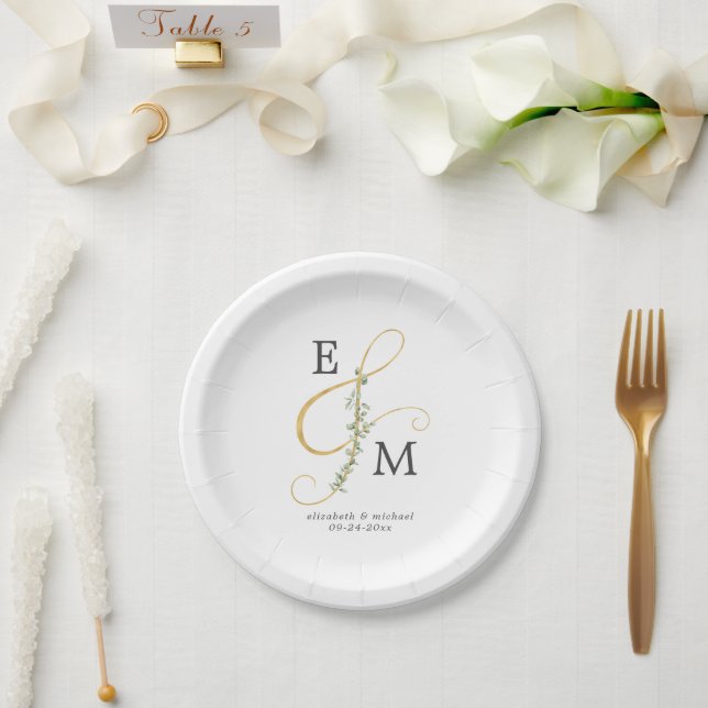 Monogram Ampersand Eucalyptus Greenery Wedding Paper Plate (Wedding)