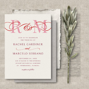 Monogram Ampersand Red Pink QR Code Wedding Invitation