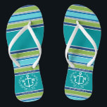 Monogram Anchor Laurel Wreath Stripes Aqua Flip Flops<br><div class="desc">An elegant white anchor with laurel leaf wreath is the centerpiece of this simple, trendy, colourful design featuring stylish stripes in various tones of blue, green and grey. Fresh, fun, nautical design perfect for the hot Summer season. This design is gender neutral/fluid and will work for all couples. Customize with...</div>