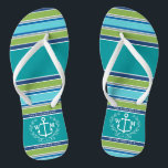 Monogram Anchor Laurel Wreath Stripes Aqua Flip Flops<br><div class="desc">An elegant white anchor with laurel leaf wreath is the centerpiece of this simple, trendy, colourful design featuring stylish stripes in various tones of blue, green and grey. Fresh, fun, nautical design perfect for the hot Summer season. This design is gender neutral/fluid and will work for all couples. Customize with...</div>