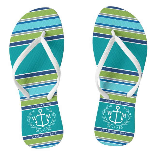 Monogram Anchor Laurel Wreath Stripes Aqua Flip Flops (Footbed)