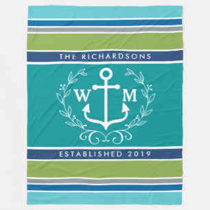 Monogram Anchor Laurel Wreath Stripes Nautical Fleece Blanket