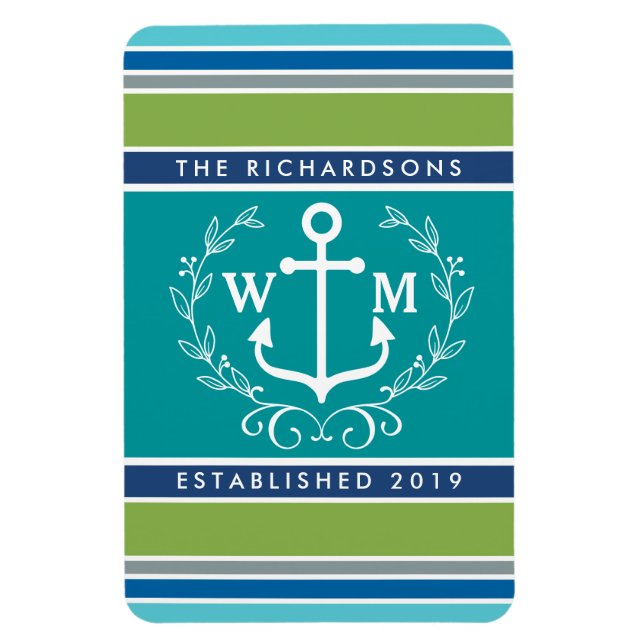 Monogram Anchor Laurel Wreath Stripes Nautical Magnet (Vertical)