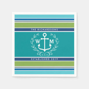 Monogram Anchor Laurel Wreath Stripes Nautical Napkin