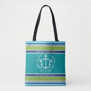 Monogram Anchor Laurel Wreath Stripes Nautical Tote Bag