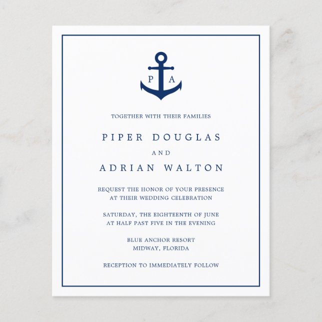 Monogram Anchor Nautical Budget Wedding Invitation Flyer (Front)