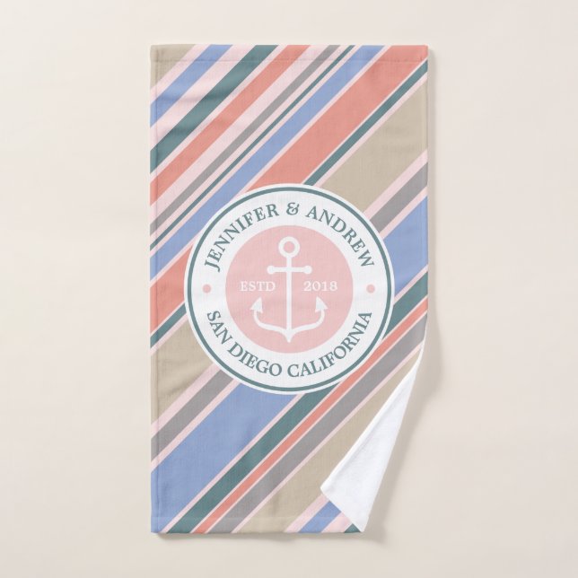 Monogram Anchor Nautical Wedding Blush Pink Stripe Hand Towel (Hand Towel)