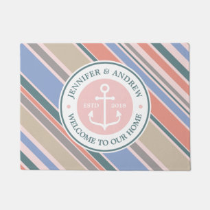 Monogram Anchor Trendy Stripes Pink Nautical Beach Doormat