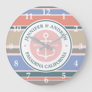 Monogram Anchor Trendy Stripes Pink Nautical Beach Large Clock