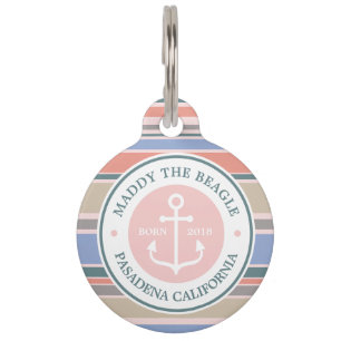 Monogram Anchor Trendy Stripes Pink Nautical Beach Pet Tag