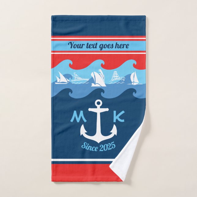 Monogram Anchor Waves Boat Red White Blue Nautical Hand Towel (Hand Towel)