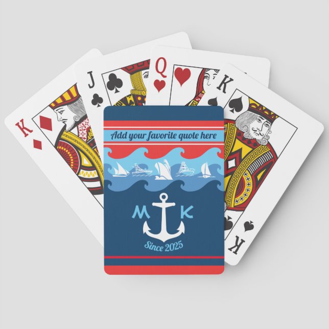 Monogram Anchor Waves Boat Red White Blue Nautical Playing Cards (Back)