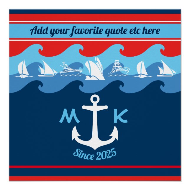 Monogram Anchor Waves Boat Red White Blue Nautical Poster (Front)