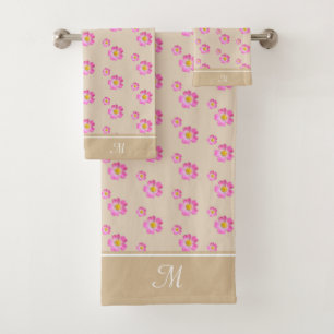 Monogram and Beautiful Pink Flowers on Light Beige Bath Towel Set