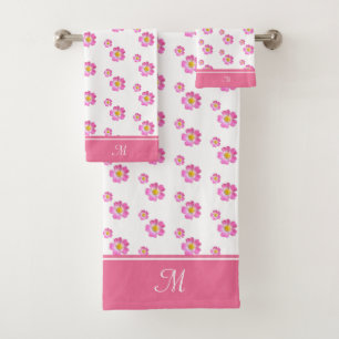 Monogram and Beautiful Pink Flowers on White Bath Towel Set