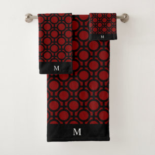 Monogram and Black Abstract Circles on Red Bath Towel Set