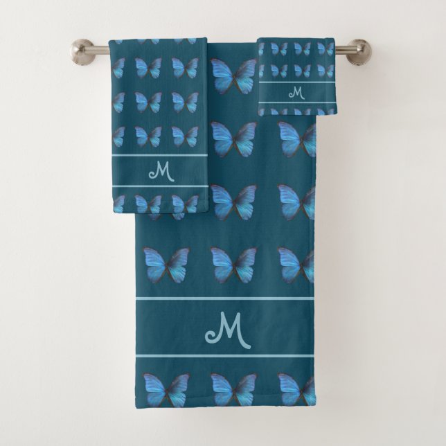 Monogram and Blue Butterfly Pattern on Blue Teal Bath Towel Set (Insitu)