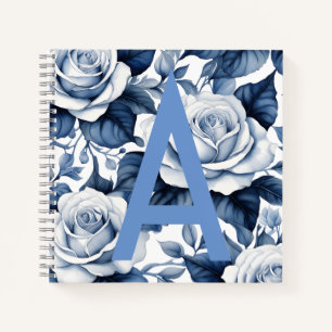 Monogram and Blue Roses Sqaure Notebook