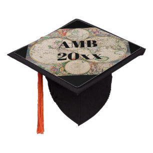 Monogram and Class Year on Vintage Map Graduation Cap Topper