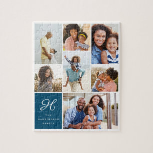 Monogram and Family Multiple Photo Collage Grid Jigsaw Puzzle