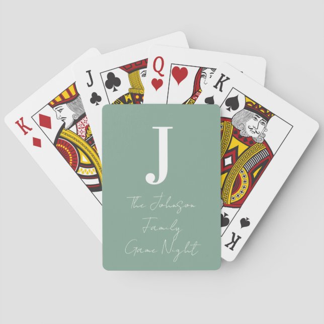 Monogram and Family Name Sage Green Game Night Playing Cards (Back)
