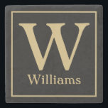 MONOGRAM and Family Surname on Black Stone Coaster<br><div class="desc">Customize with your family monogram and your last name below in chic gold lettering on a black background. Change the colours to anything to fit your home decor or give as a wedding gift. anniversary gift,  engagement party gift,  hostess gift and more.</div>