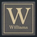 MONOGRAM and Family Surname on Black Stone Coaster<br><div class="desc">Customize with your family monogram and your last name below in chic gold lettering on a black background. Change the colours to anything to fit your home decor or give as a wedding gift. anniversary gift,  engagement party gift,  hostess gift and more.</div>