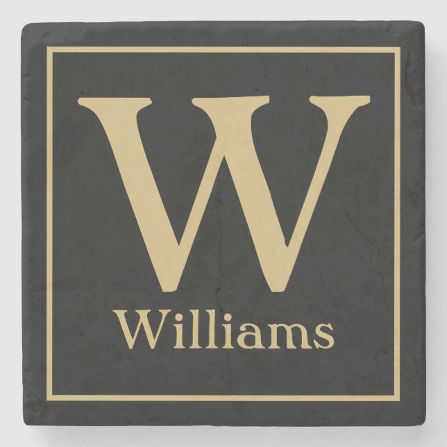 MONOGRAM and Family Surname on Black Stone Coaster (Front)