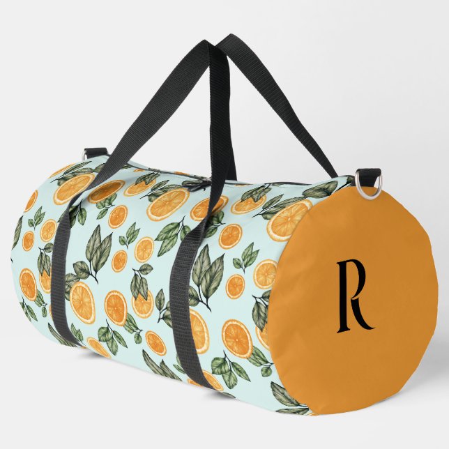 Monogram and Name Aqua and Orange Fruit Slices Duffle Bag (Left Corner)