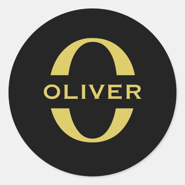 Monogram And Name Black And Gold Personalized Classic Round Sticker (Front)