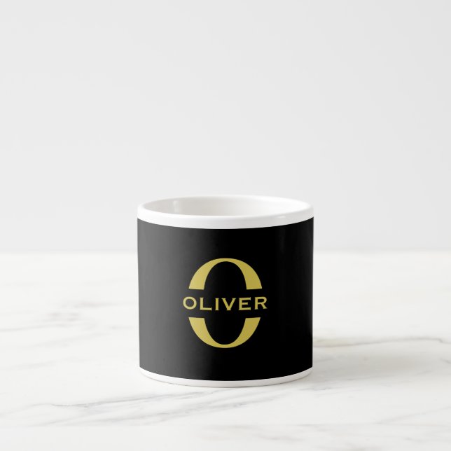 Monogram And Name Black And Gold Personalized Espresso Cup (Front)